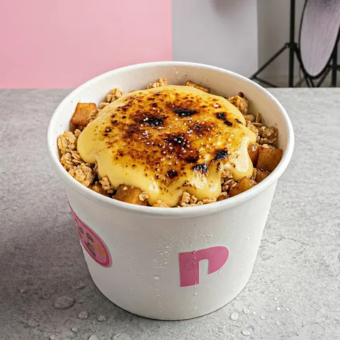 Apple crumble in a white peak cup: a torched custard top over granola and apple pieces.